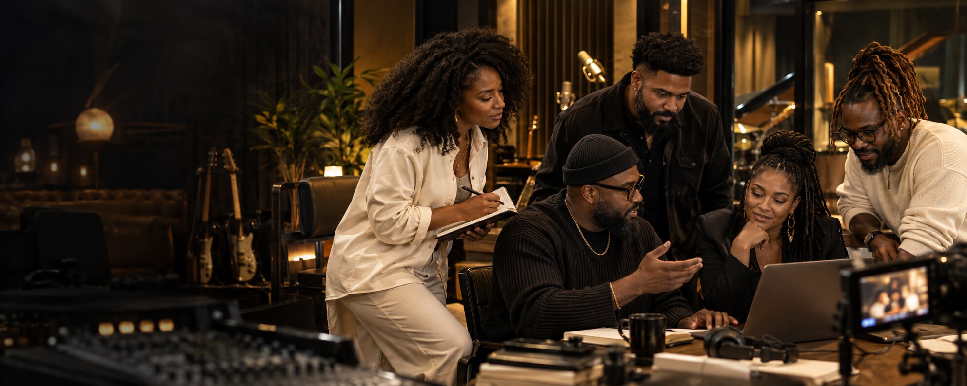 Black independent artists and creatives collaborating in a warm media studio
